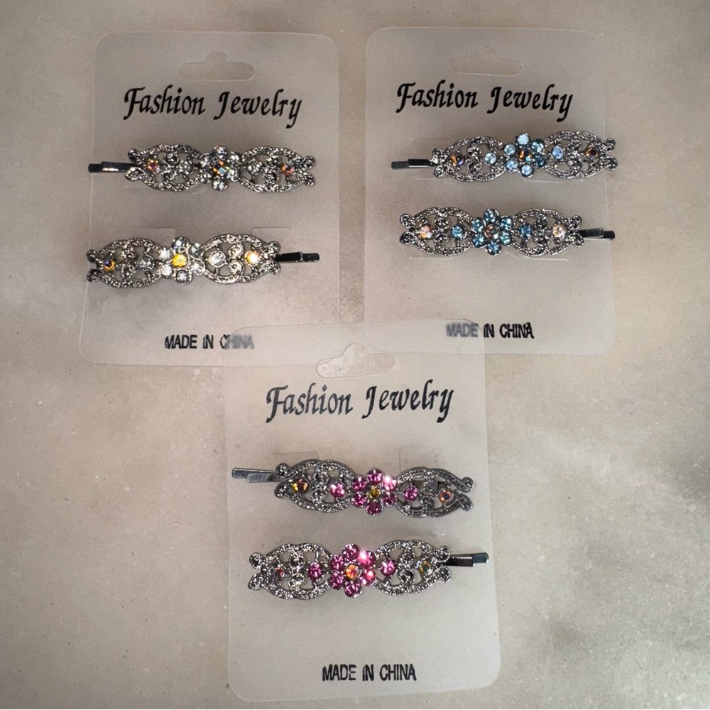 Fashion Jewelry Crystal Floral Hair Pins in Pink, Blue, Silver